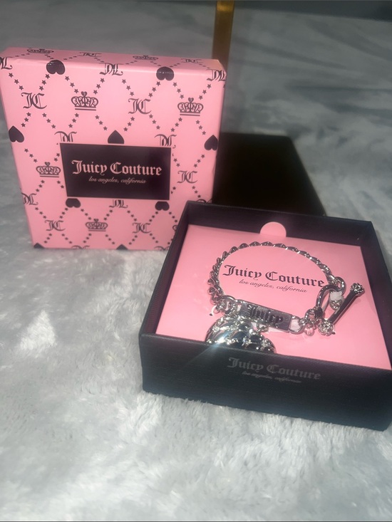Juicy Couture Jewelry - Juicy Couture Silver Charm Bracelet with Pink Box
